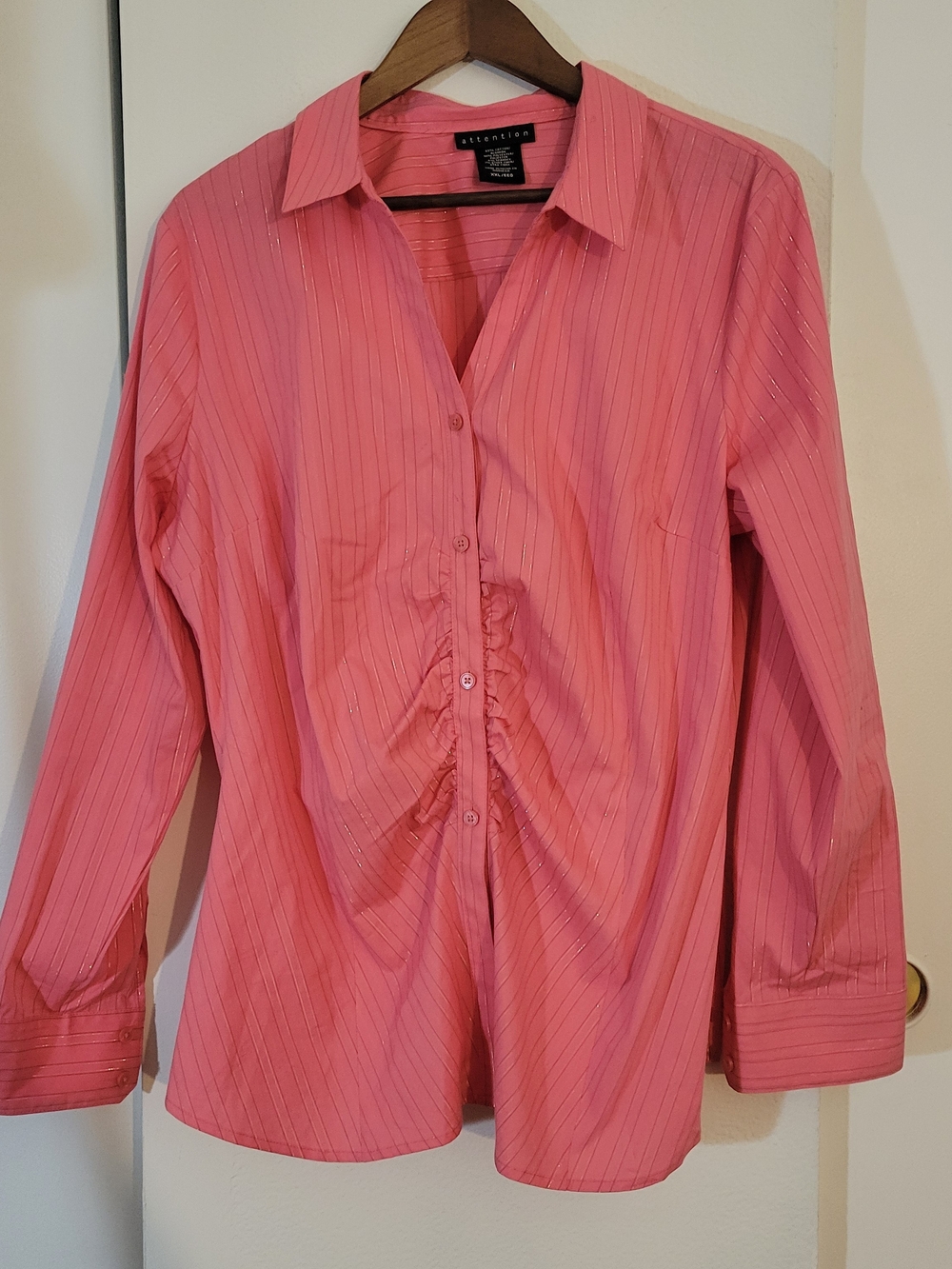 attention Pink Pinstripe Button-Front Ruching Shirt